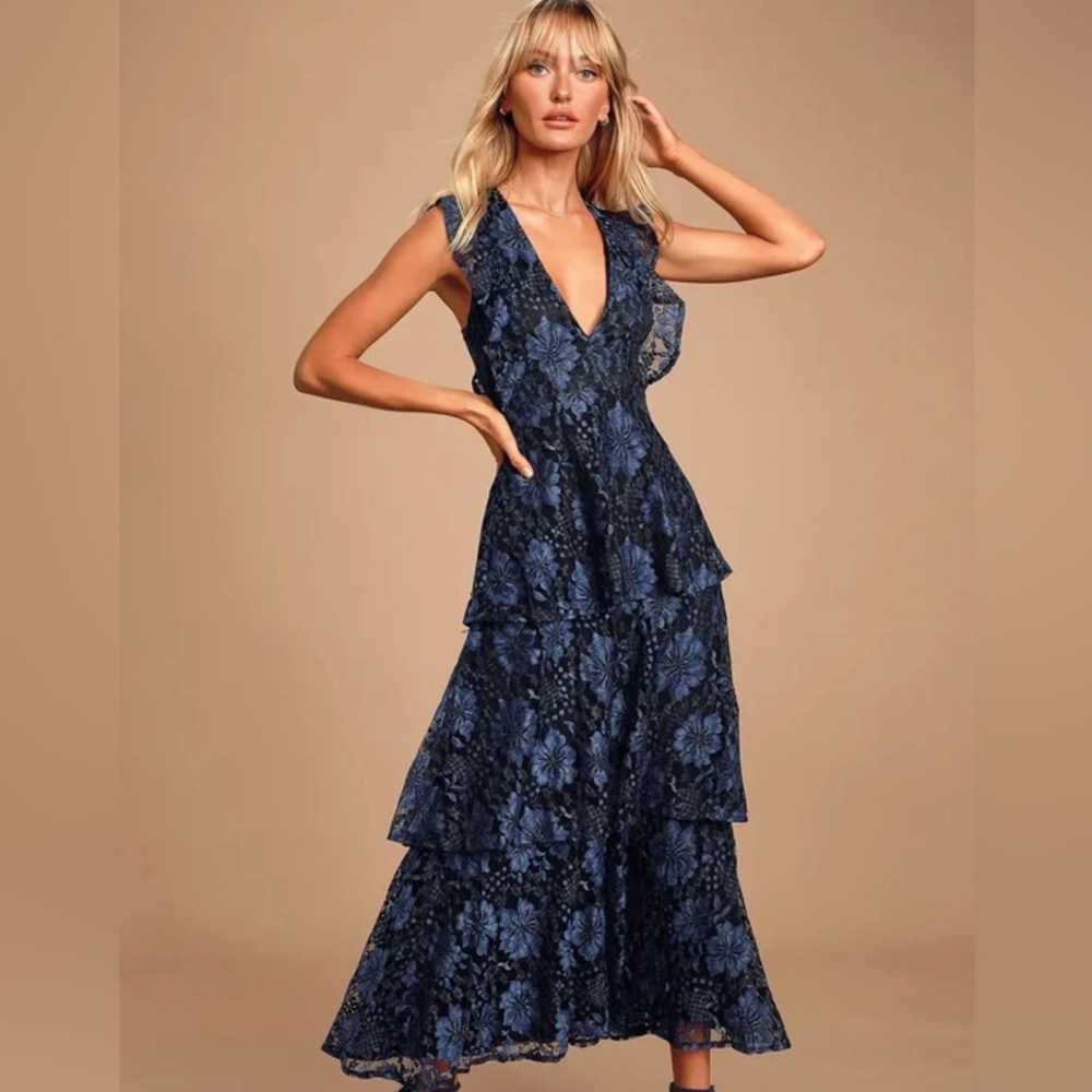 Lulu’s Molinetto Navy Blue Lace Ruffled Tiered Sleeveless Maxi Dress